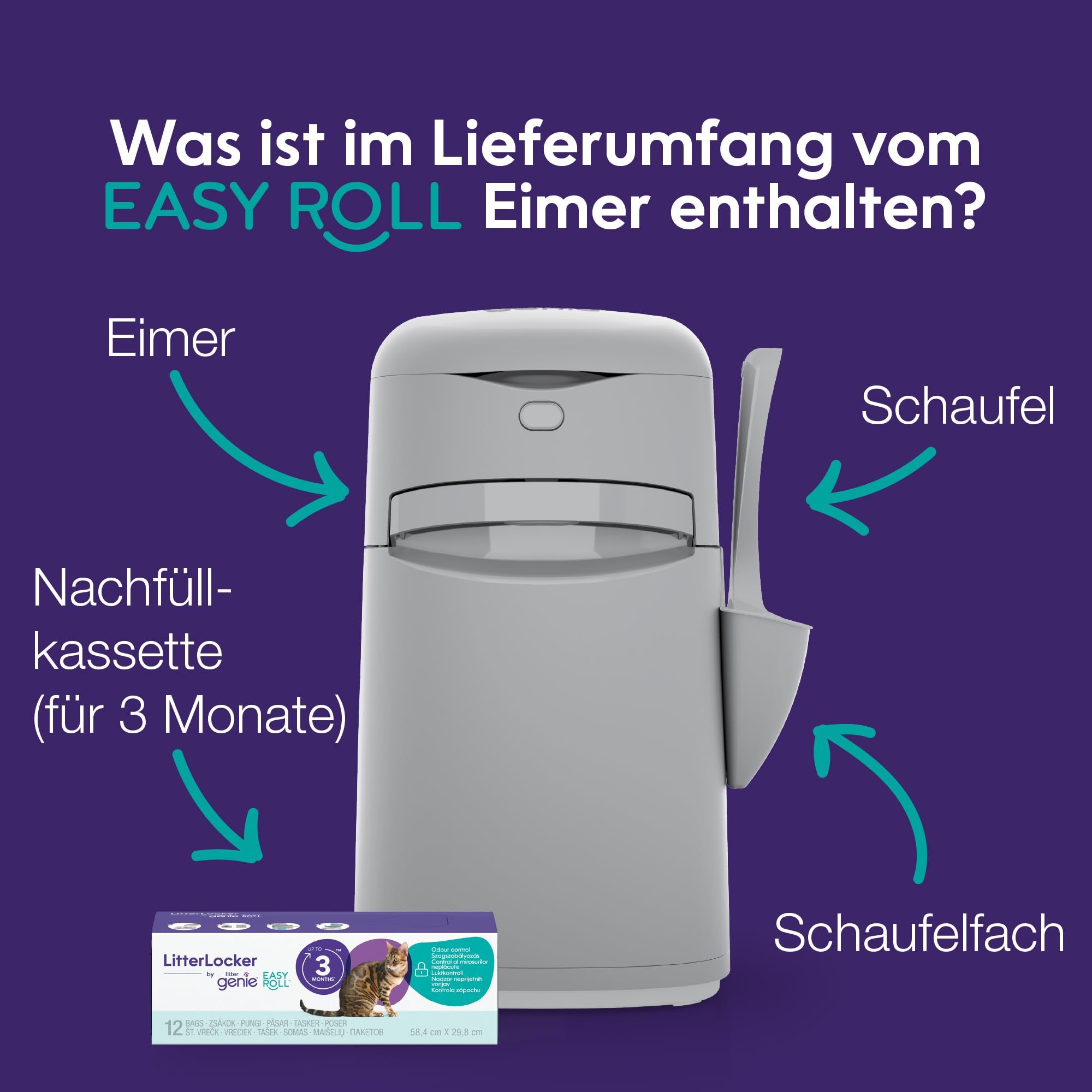 Litter Genie Easy Roll, verbesserte Version vom LitterLocker Katzenstreu-Eimer, jetzt mit bequem abreißbaren Beuteln, größere Einfüllöffnung, neues modernes Design