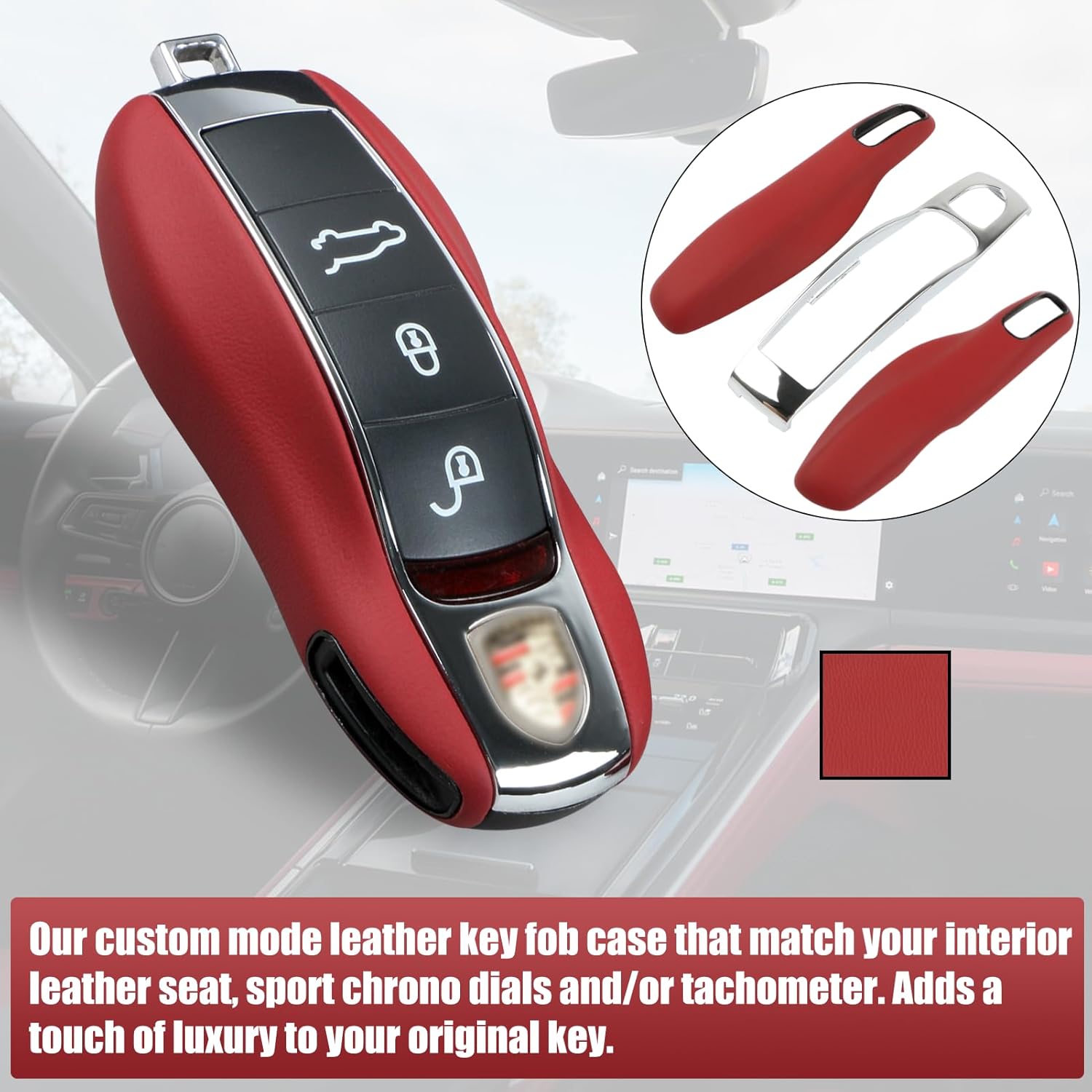 Jaronx Compatible with Porsche Key Fob Cover,Leather Key Cover Compatible with Porsche Cayenne Panamera Macan Cayman 911 Keyfob Cover Shell Compatible with Porsche Accessories