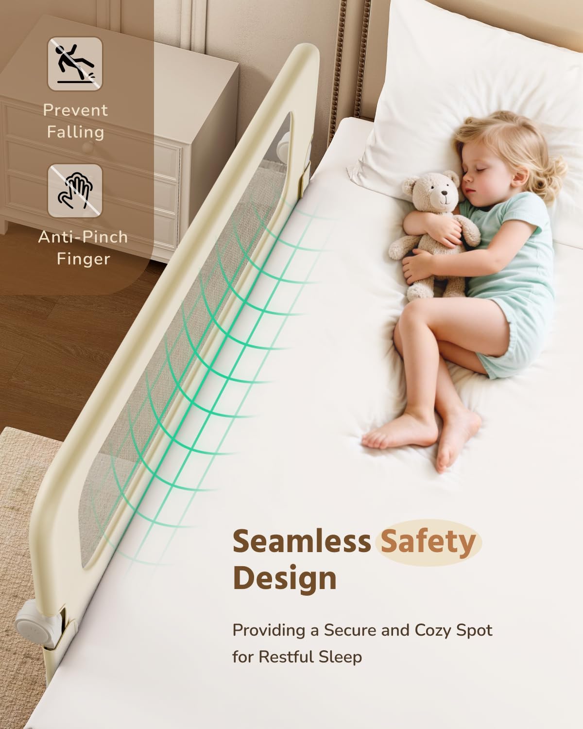 HOMEAL Barandilla de cama para niños pequeños con base en forma de U – 47 x 24 pulgadas, protector plegable para cama de bebé tamaño King, Queen, matrimonial, individual, beige, 1 paquete