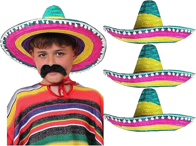 ILOVEFANCYDRESS PACK OF 3 MULTICOLOURED MEXICAN SOMBRERO HATS RAINBOW COLOURS PACK OF 3 - MEXICAN KIDS SOMBRERO WESTERN BANDIT KID HAT MEXICAN FESTIVAL HAT 3X MULTICOLORED HATS