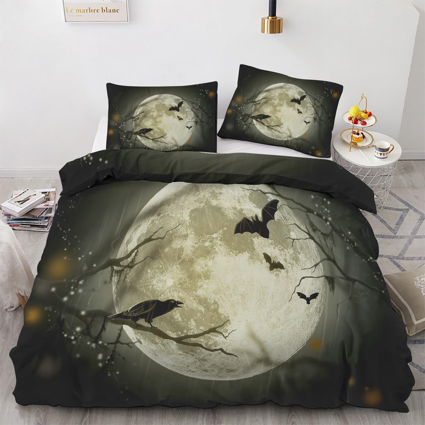 Parure de lit double lune noire gothique en microfibre 135x200 cm avec taies