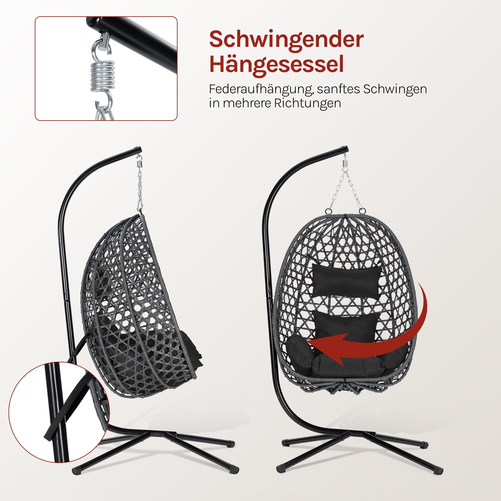 WOLTU Hängesessel mit Gestell, bis 150 kg belastbar, PE-Rattan Hängestuhl, mit Sitzkissen und Kopfstütze, für Indoor und Outdoor, Schwarz