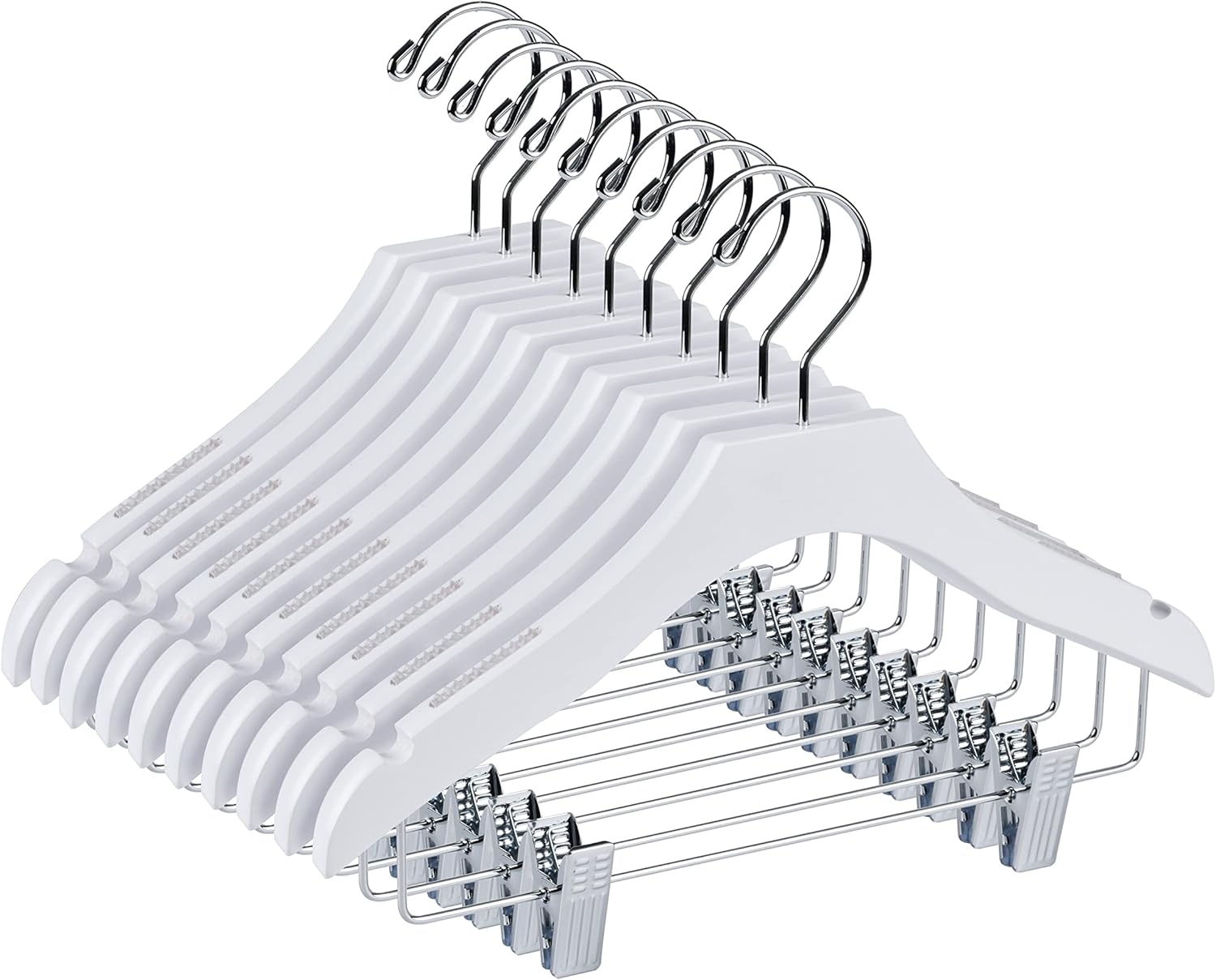 Quality White Wooden Kids Pant Skirt Hanger 10-Pack, Luxury Wave Design Chrome 360 Swivel Hook (10, 13" inch with Clips)