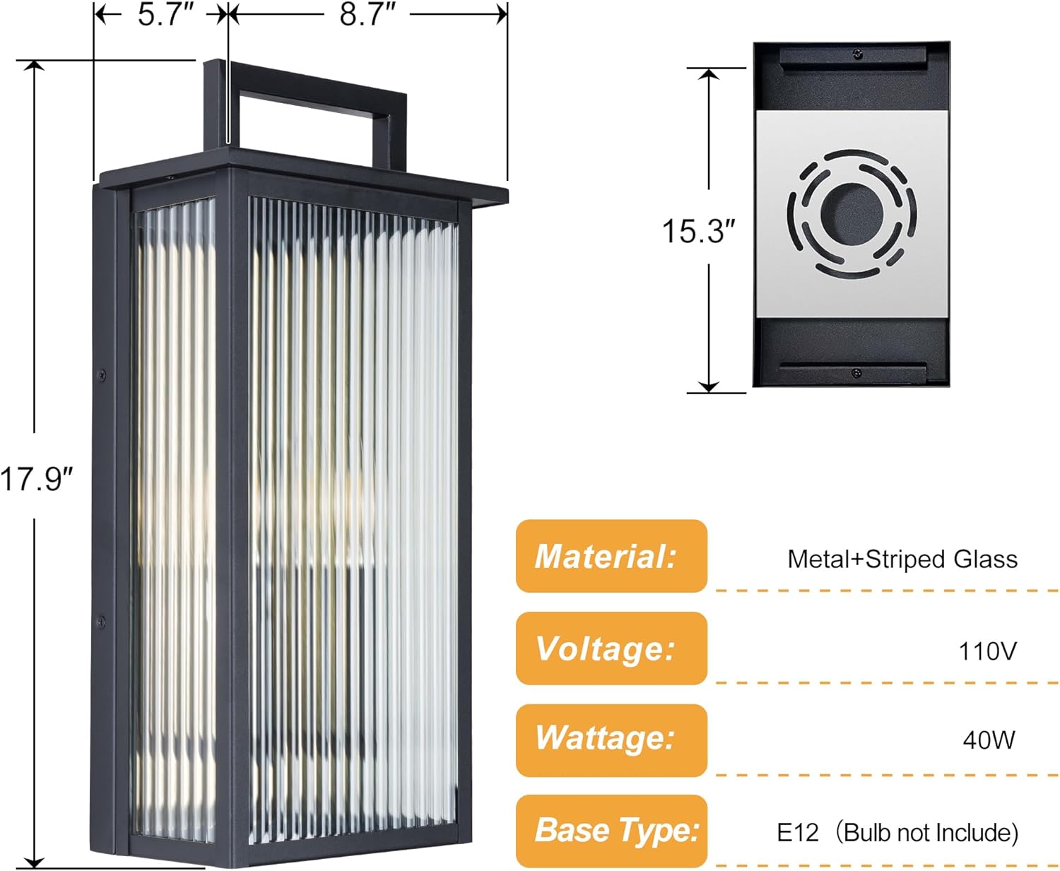 17.92INCH Large Outdoor Wall Lights, Dusk to Dawn Outdoor Lighting with Elegant Striped Glass, Waterproof Exterior Lighting Fixtures Modern Outside Sconce for Porch, Patio, Doorway