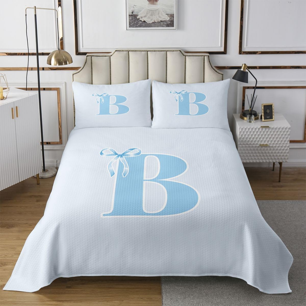 Manfei Cartoon Bowknot Bedspread,Coquette Ribbon Bow Princess Quilt Set for Adults Women,Initial Letter B Bedding Set,Blue 3 Pcs Coverlet Set with 2 Pillow Shams,King Size