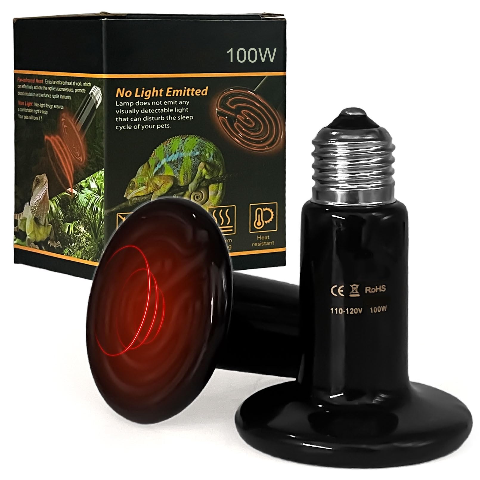 BNOSDM 2 Pack 100W Non-Light Emitting Ceramic Heat Emitter, Reptile Heat Lamp Bulbs, Brooder Coop Heater Lamp Bulb for Amphibian Reptiles Lizard Turtle Chicken