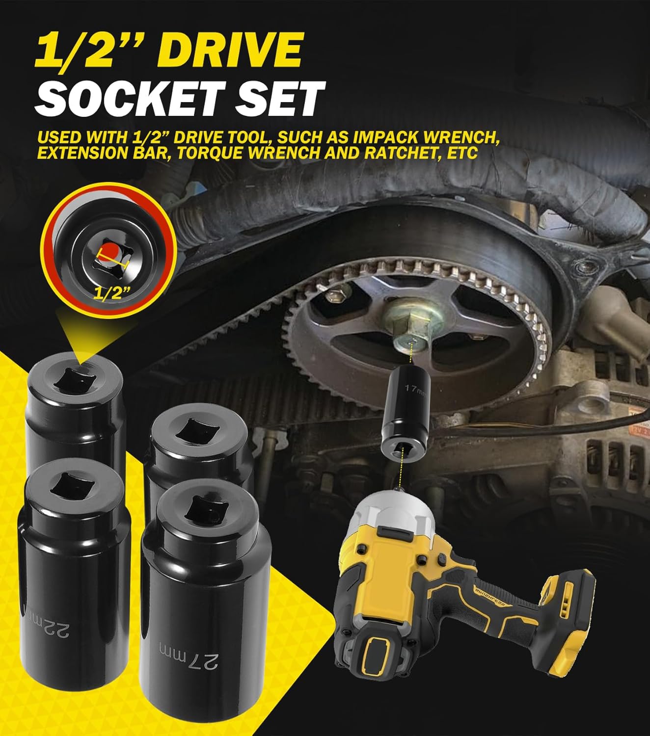 4 Pack Crank Bolt Socket Set, 17MM, 21MM, 22MM, 27MM, Harmonic Balancer Socket Set, 1/2-Inch Metric Deep Impack Socket Kit Set, 3 Times Momentum Power of Standard Impact Sockets