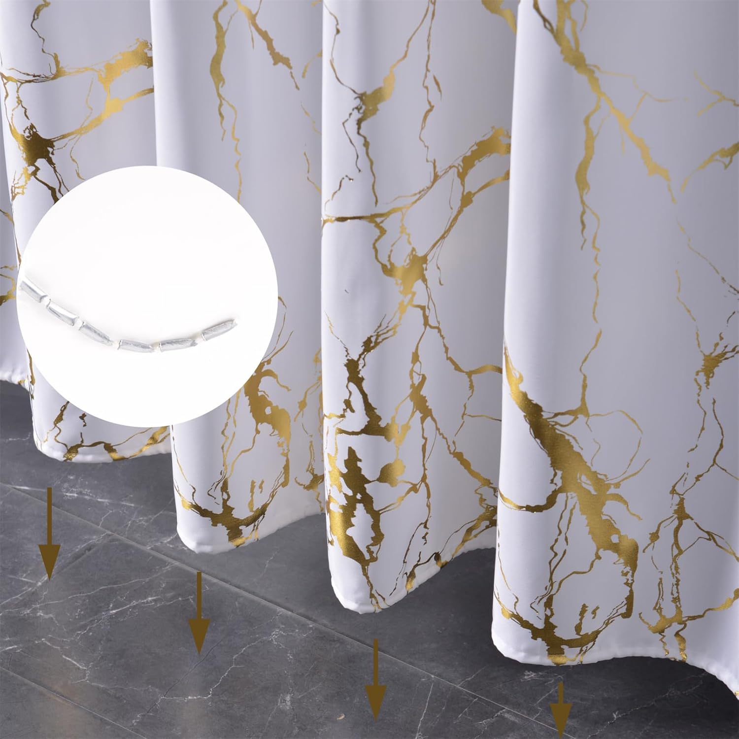 White and Gold Marble Shower Curtains for Bathroom,Glitter Shower Curtain with Hooks,Unique Foil Gold Printed,Water Proof,Washable,Fabric Shower Curtain,Standard 72x72 Inches