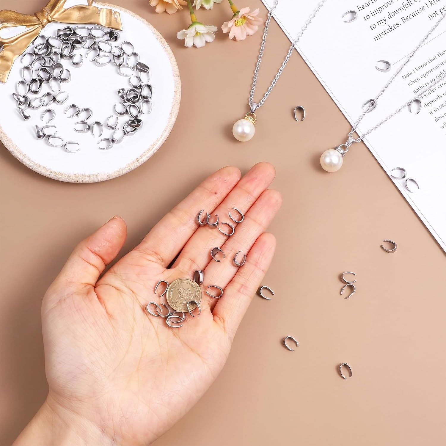 100Pcs Pinch Bails for Jewelry Making, Stainless Steel Snap On Bails Sturdy Pendant Connector Charm Clasp Hook for Necklace Earring Bracelet DIY Craft Making