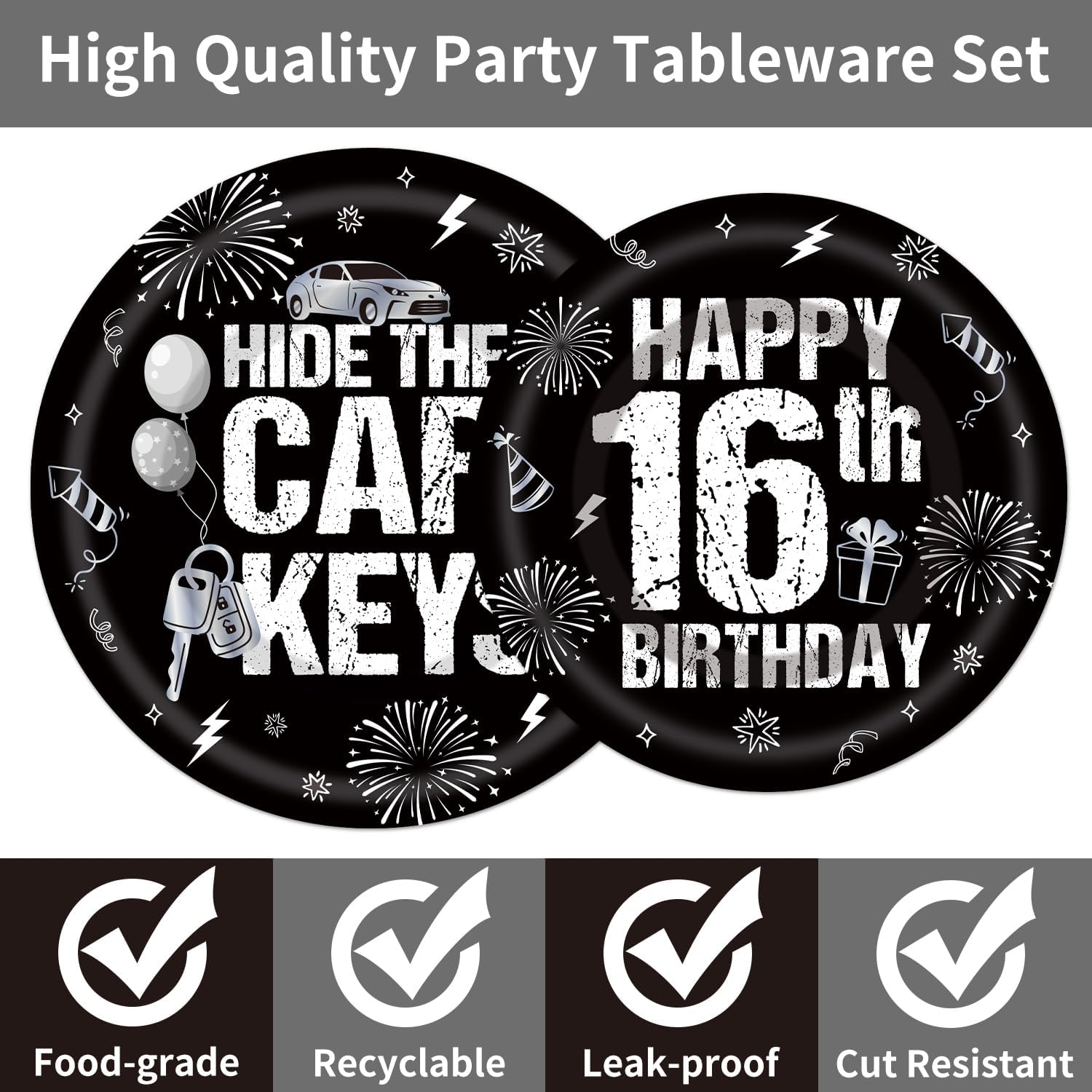 96PCS Hide The Car Keys Plates and Napkins Party Supplies Black 16th Birthday Decorations for Boys Girls Car Theme 16 Years Old Disposable Paper Tableware Set Serves 24 Guests