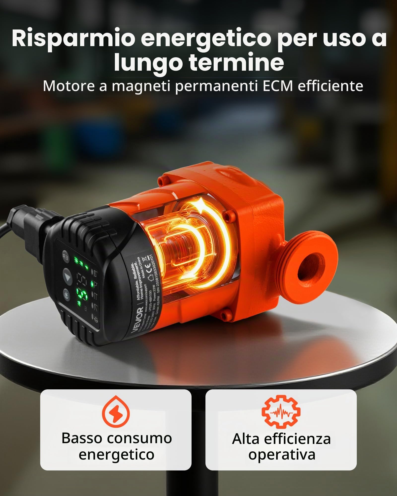 VEVOR Pompa di Circolazione ad Alta Efficienza LPS25-4BP/130, 42 LPM, per Acqua Calda in Ghisa con Prevalenza Massima di 4 M, Attacco Filettato, Valvola di Ritegno, per Impianto di Riscaldamento
