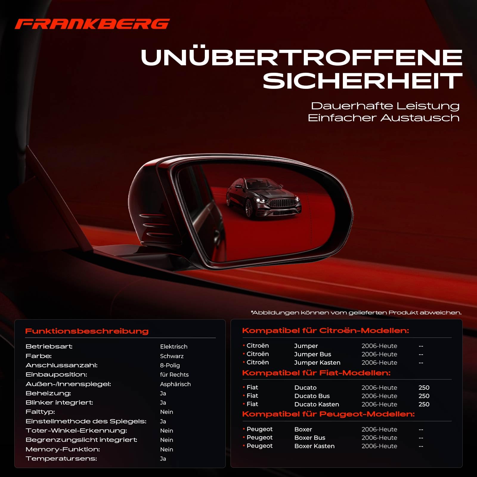 Frankberg Espejo retrovisor exterior derecho convexo calefactable. | a mano, Plegable; Compatible con: Autobús Jumper, Ducato Van 250, Caja de puente, Plataforma/chasis Boxer
