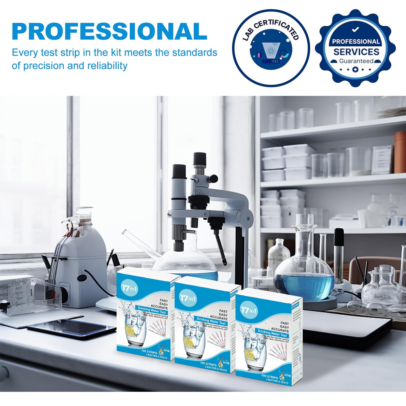 Strisce reattive acqua potabile 17 in 1 (100 strisce con 16 parametri e 2 test batteri), analisi completa qualità acqua pH, durezza totale, cloro libero, fluoro e altro per piscine