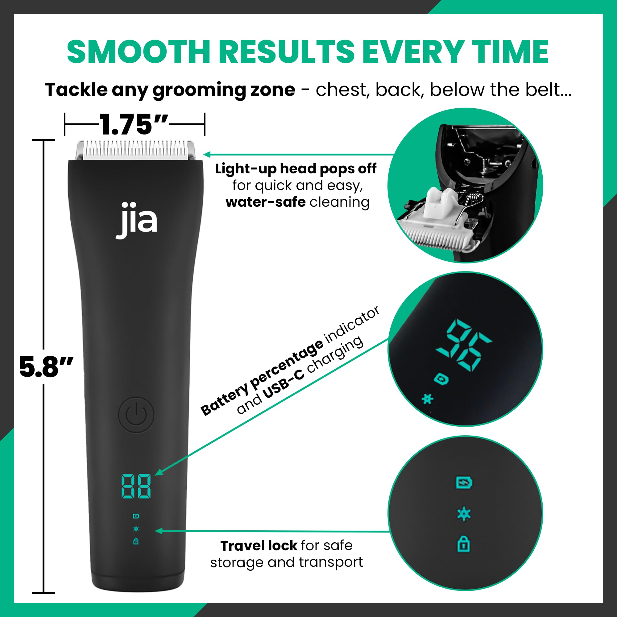 Jia The Original BodyShaver 1.0 – Waterproof Electric Body & Groin Trimmer, Midnight Black | Skin-Safe, USB-C Rechargeable, LED Light, Battery Indicator, Charging Stand & Attachments