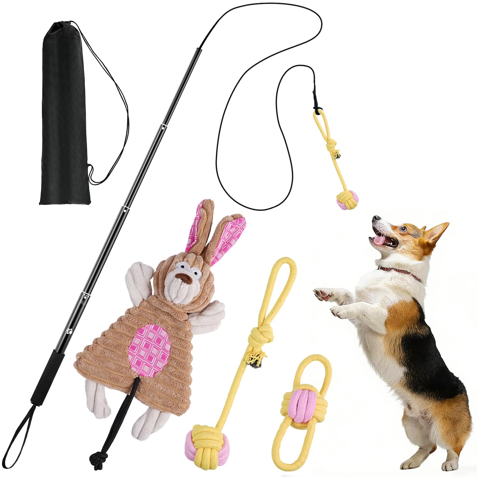 WOVTE Flirt Pole for Dogs, Extendable Dog Flirt Pole with Detachable Rope Toys Dog Teaser Wand with Lure Chewing Toy for Outdoor Exercise & Training Toys for Large Medium Small Dogs(Yellow) โ image 1