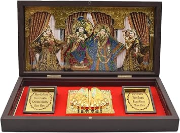 INDACORIFY Gold Plated Radha Krishna Photo Frame with Charan Paduka for Pooja Room Pocket Temple for Diwali Gift House Warming Gifts Return Gift Devotional Prayer Box