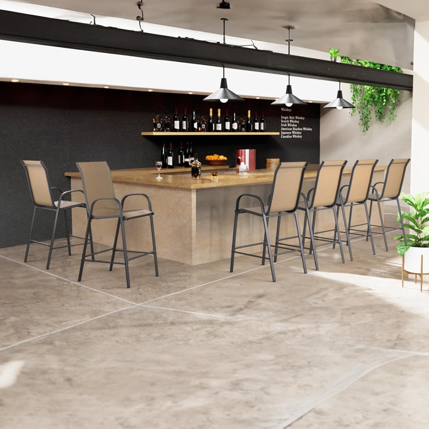 Amopatio Outdoor Bar Stools Set of 8, Bar Hight Patio Chairs, Sturdy High Back Outdoor Bar Chairs, All-Weather Textile Patio Bar Stools for Backyard, Porch, Balcony, Brown