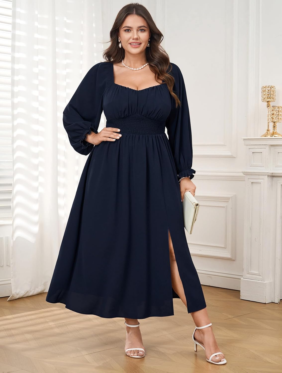 Plus Size Maxi Dresses for Curvy Women Long Sleeve Sweetheart Neckline Smocked Fall Wedding Guest Cocktail Dress Slit - Image 4