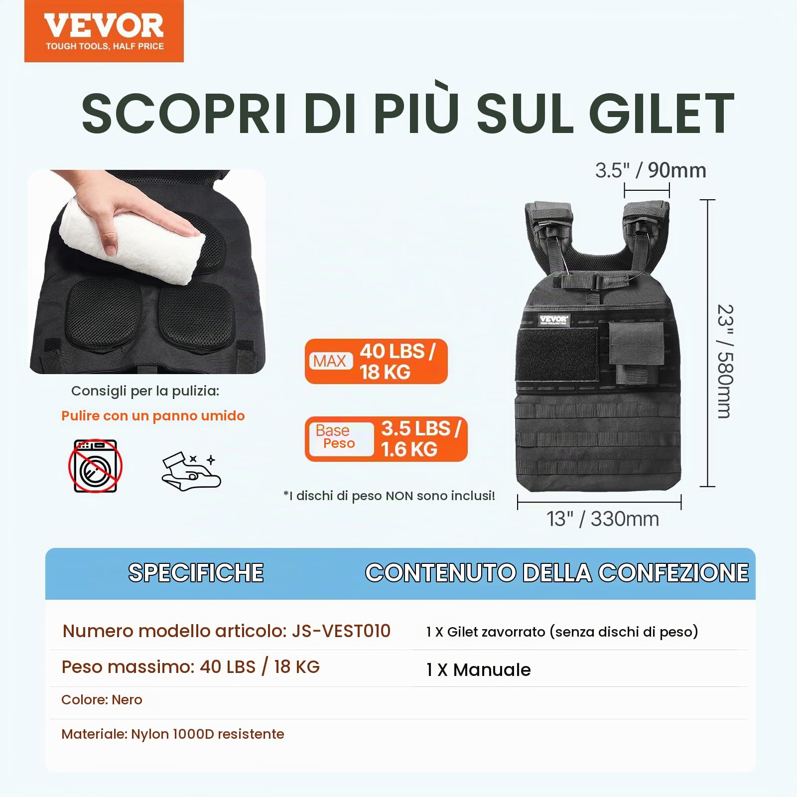 VEVOR Gilet ponderato regolabile, 5-9 kg/9,1 kg/9,1-14,5 kg/15,9 kg/18,1 kg con 6 pesi Ironsand e striscia riflettente, attrezzatura per allenamento per allenamento di forza, corsa, jogging