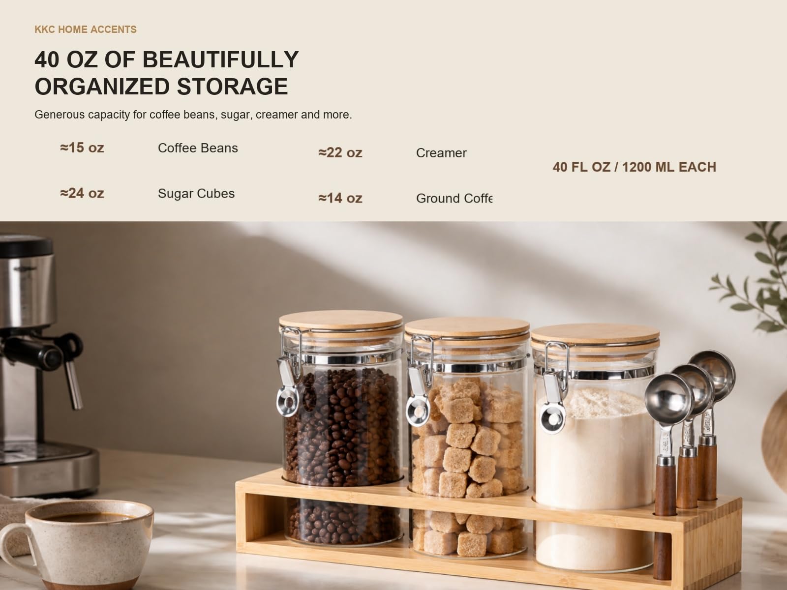 KKC HOME ACCENTS Barattoli ermetici in vetro per chicchi di caffè con paletta per bar, contenitori in vetro sigillato con coperchio incernierato per caffè macinato, tè sfuso, matcha, zucchero, 40 once