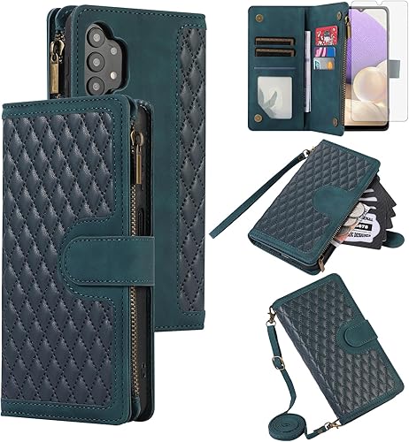 Miniatura 8 de Asuwish Funda de teléfono para Samsung Galaxy A32 5G 2021 de 6.5 pulgadas con protector de pantalla de vidrio templado y correa para la muñeca con