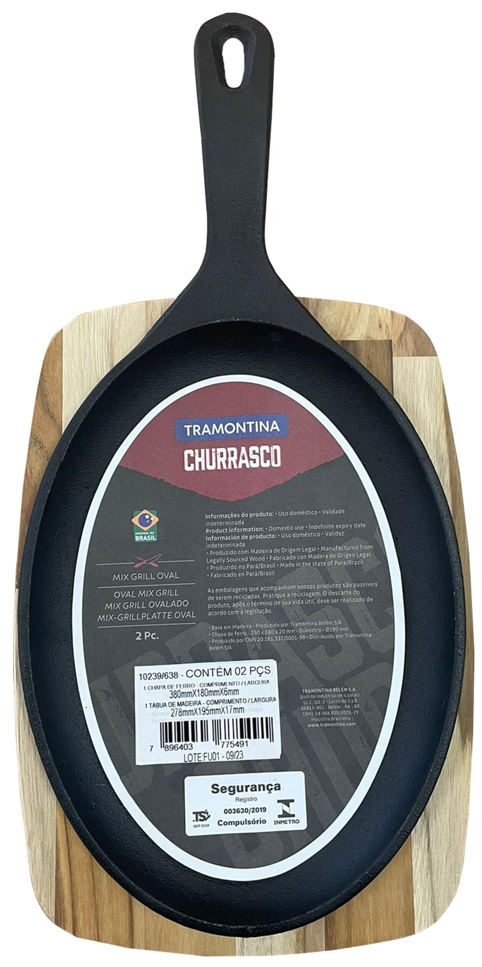 Tramontina Sartén de Hierro Fundido con Bandeja de Madera 38 x 19,5 cm Churrasco Essencial