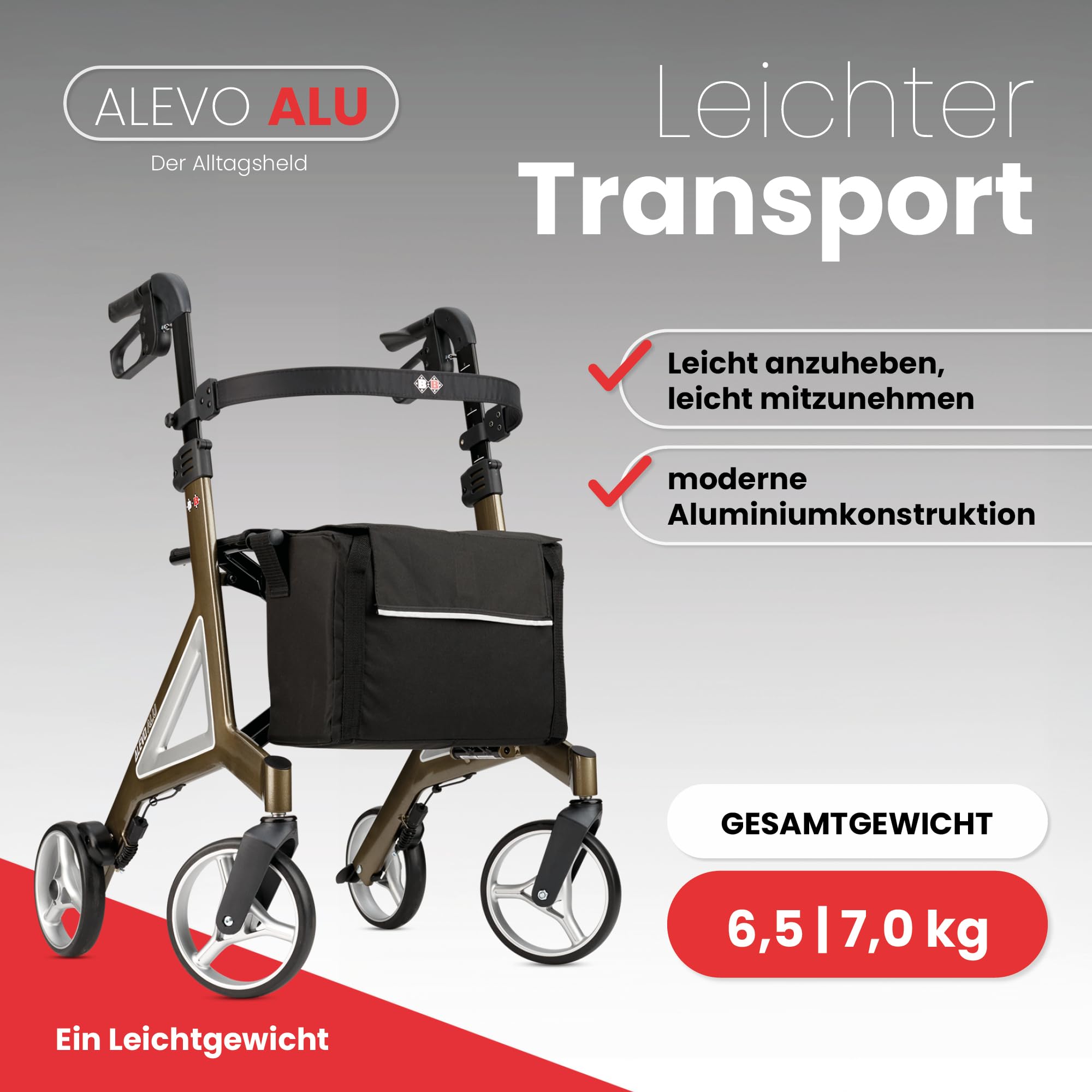 Bischoff & Bischoff Alevo - Andador plegable de aluminio SH 58,5 cm, ligero, para interior y exterior, con asiento estable y bolsa extraíble, color platino