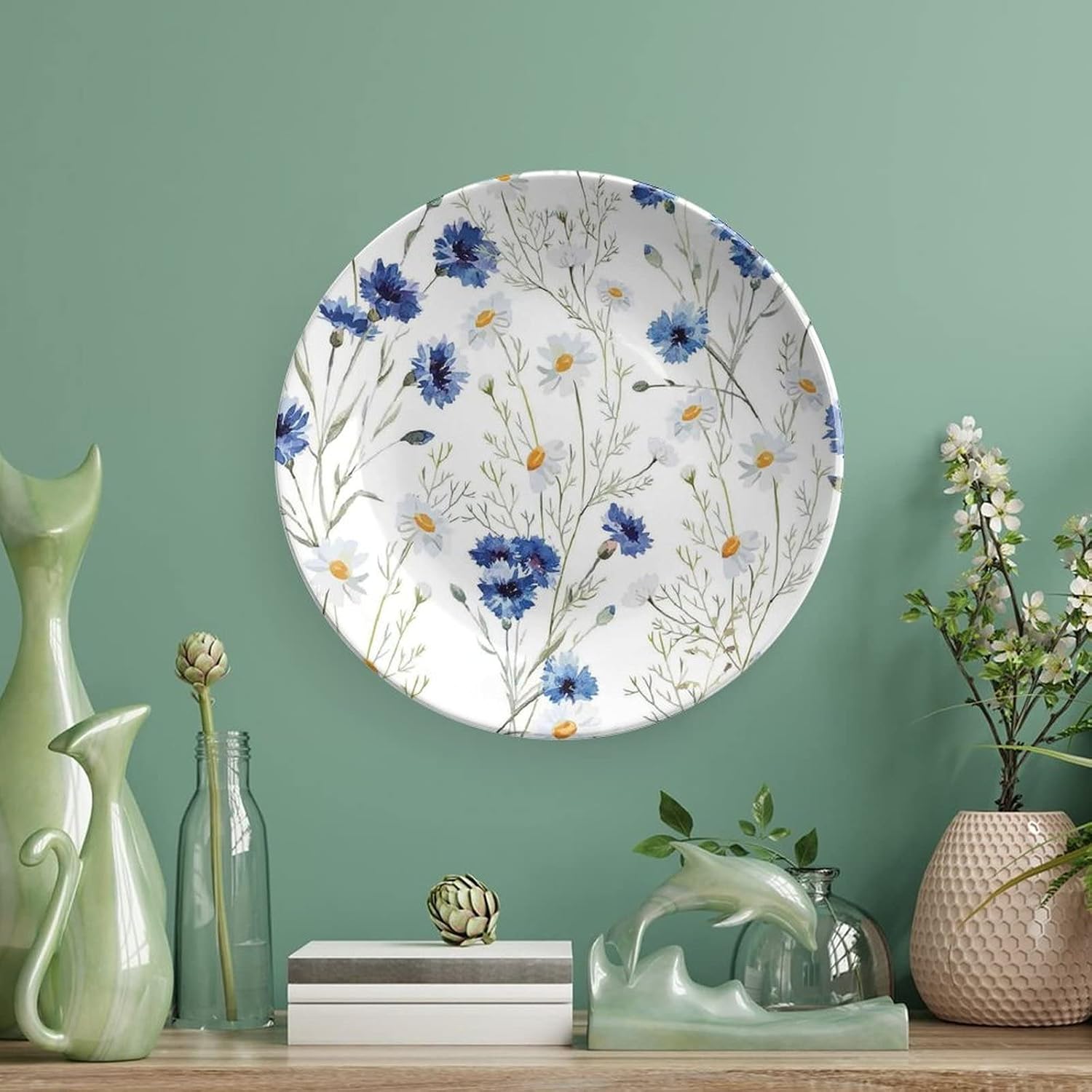 XISUNYA 10 Inch Decorative Plate, Watercolor Flower Ceramic Plate, Wildflowers and Cornflowers Daisies Blooms Flower Buds Print Ceramic Wall Hanging for Home Office Party Dinner Table Decor