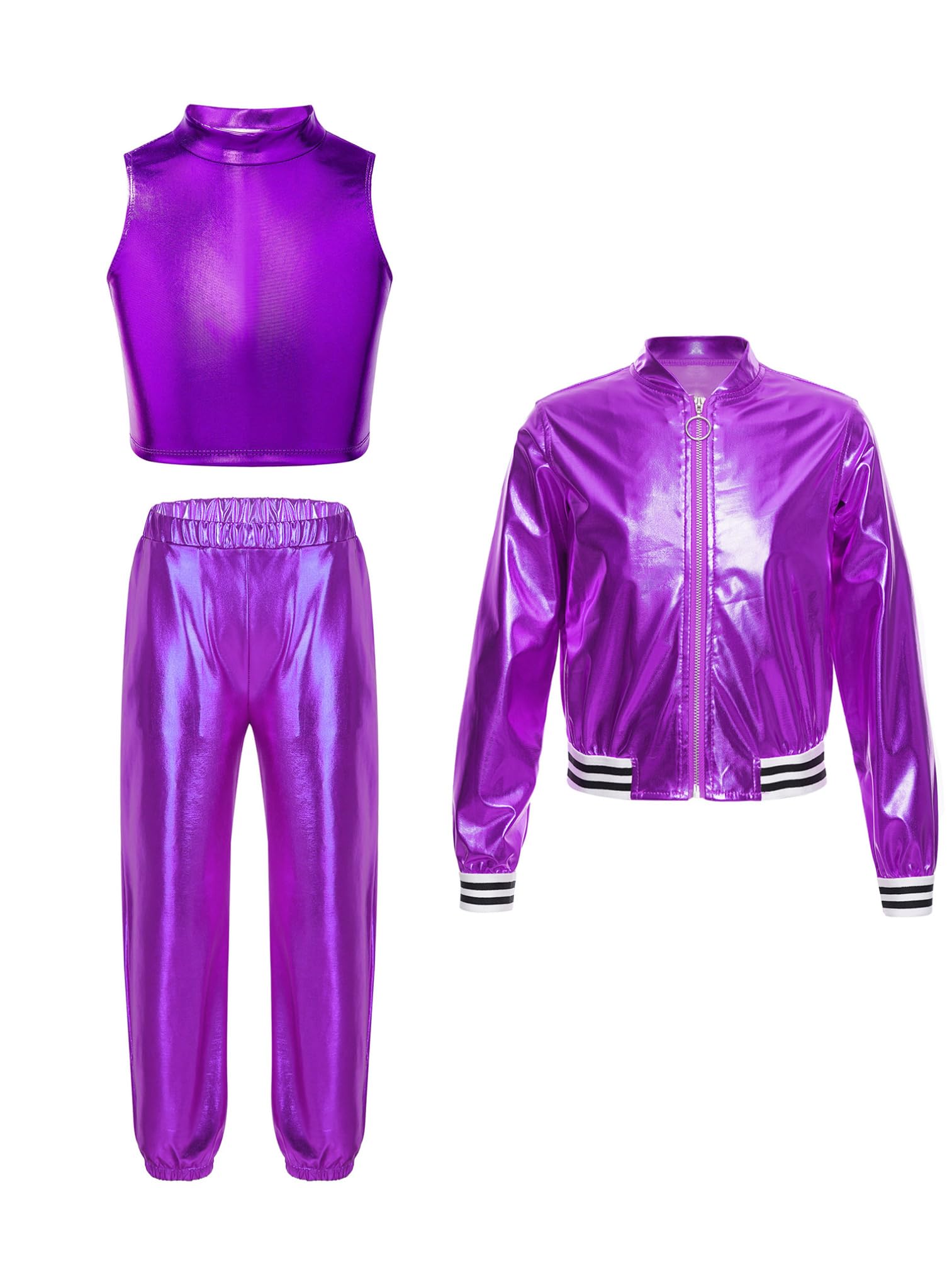 Agoky Dziewczęcy metaliczny dres do joggingu, błyszczący dres sportowy z długim rękawem, kurtka + spodnie do biegania + tank top w stylu lat 80., 90., zestaw odzieży do tańca ulicznego