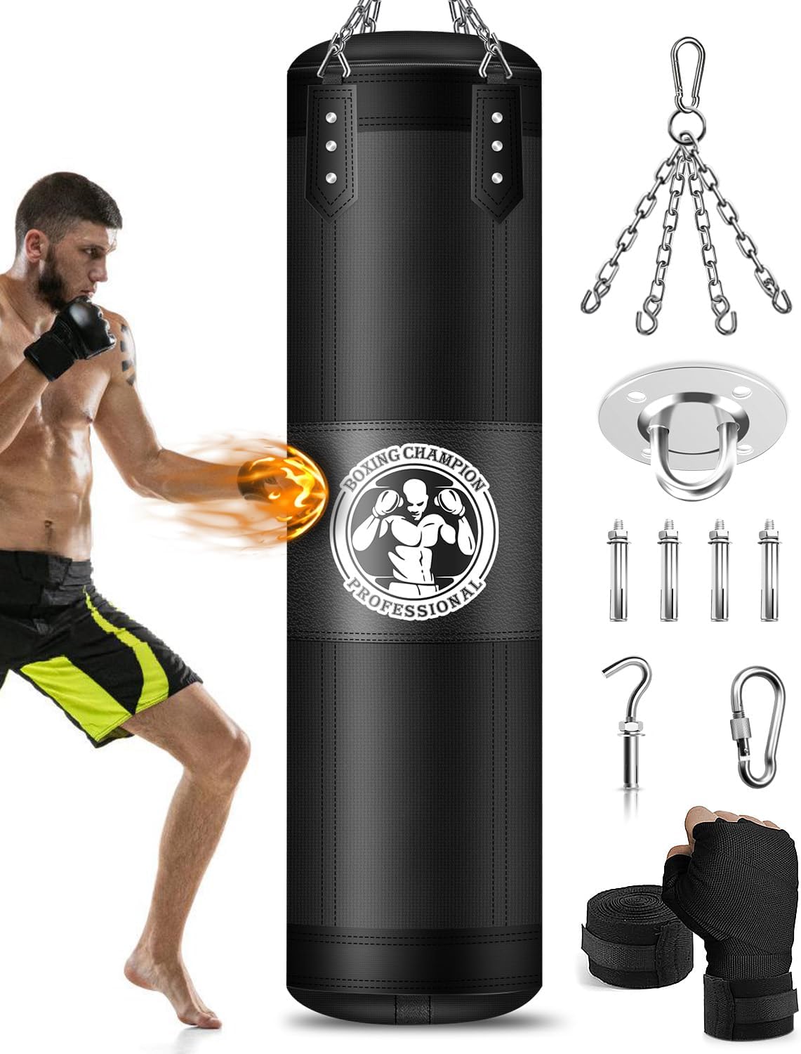 Hanging Punching Bag for Adults, 4FT Oxford Boxing Heavy Bag, Heavy Boxing Bag Set with Hand Wraps Chains, Kick Punching Bags for MMA Karate Kickboxing Boxing Muay Thai Training(Unfilled)
