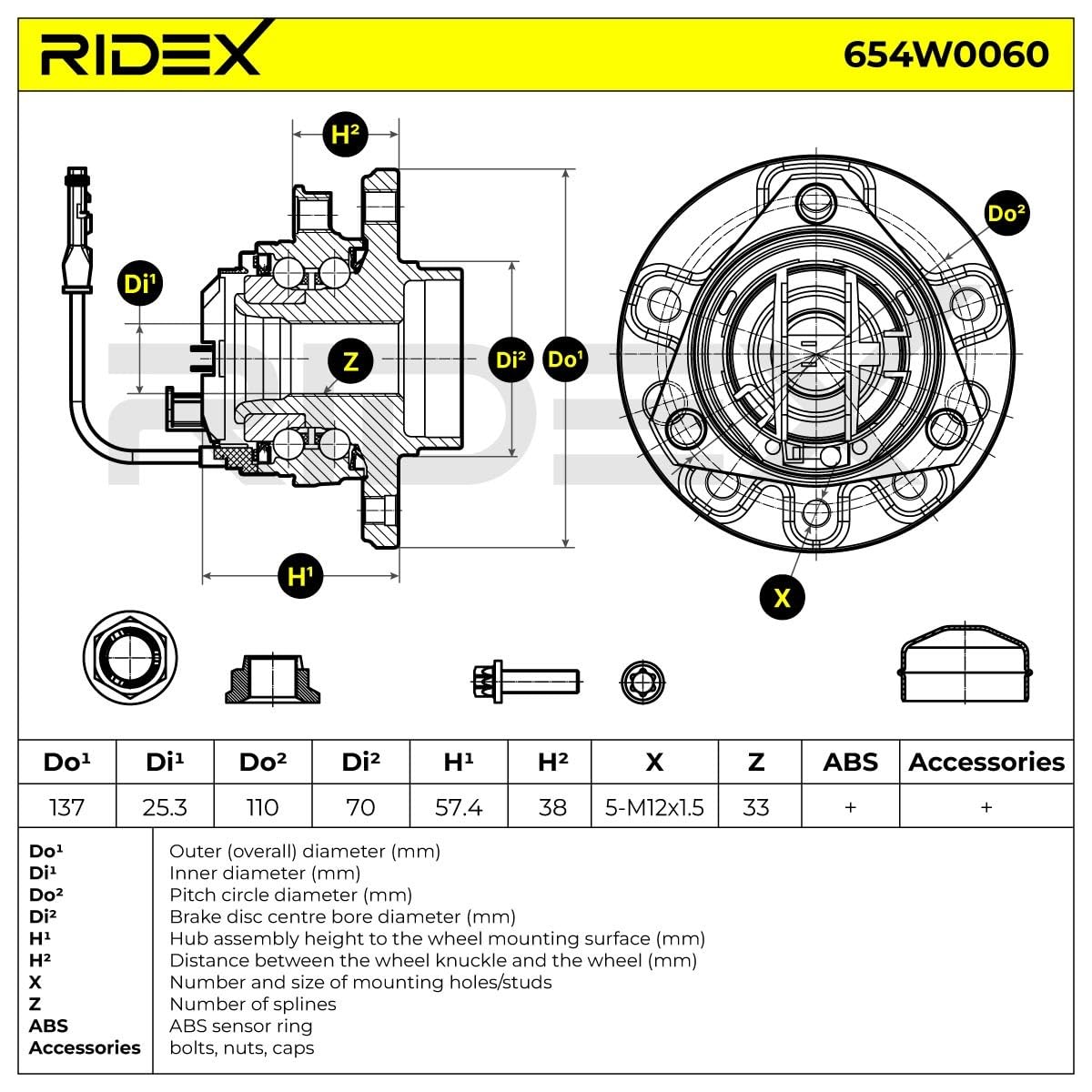 RIDEX 654W0060 Kit de roulement de roue des deux côtés de l'Avant avec capteur ABS intégré avec vis/boulons Compatible avec OPEL Zafira B A05
