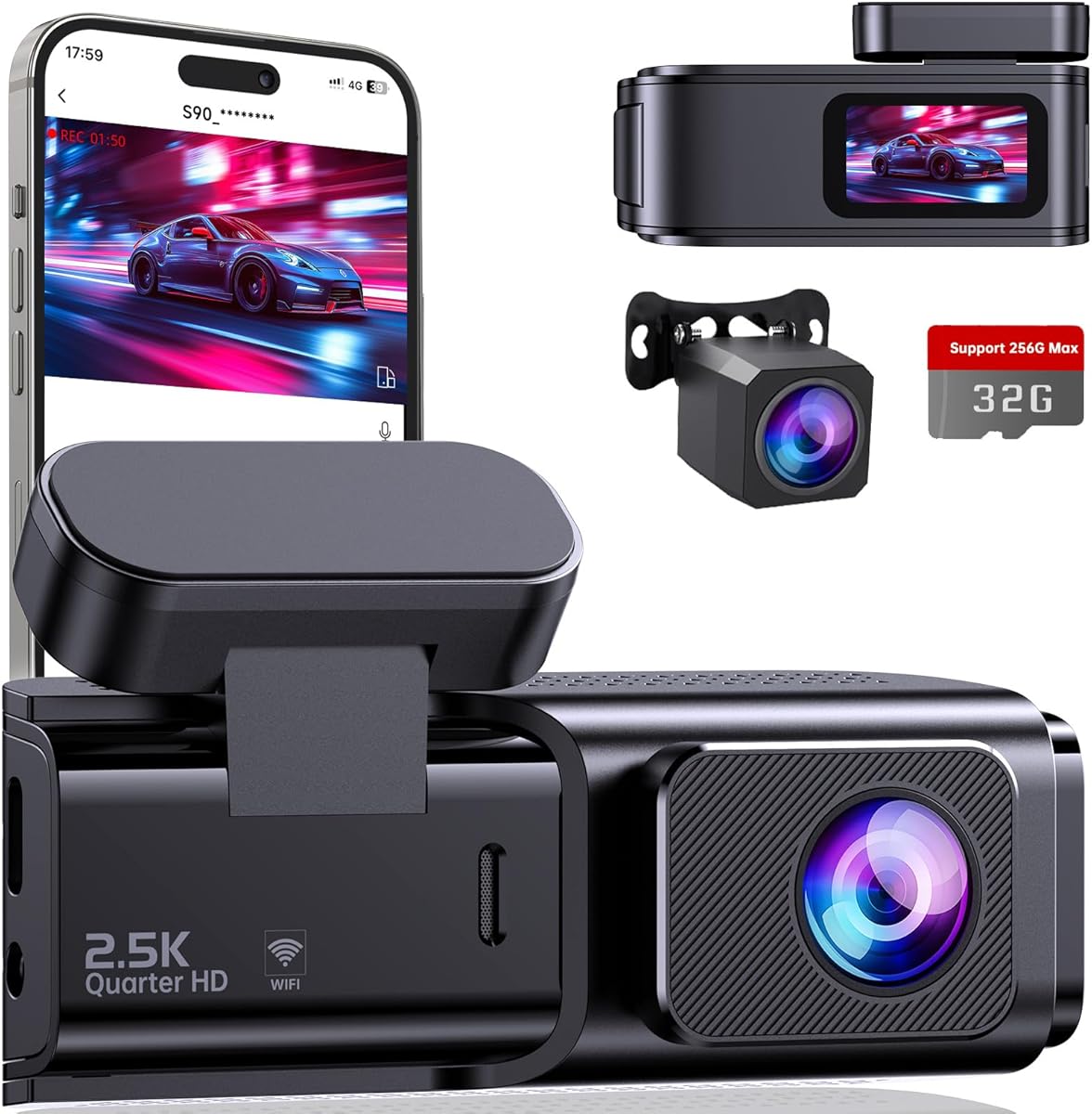 Dash Cam Front and Rear, 2.5K+1080P Dual Dash Camera for Cars, Ecomoment Car Camera with 1.47" IPS Screen, Built-in Wi-Fi, 170° Wide Angle, Night Vision, G-Sensor, 24H Parking Mode, 32GB Card Included