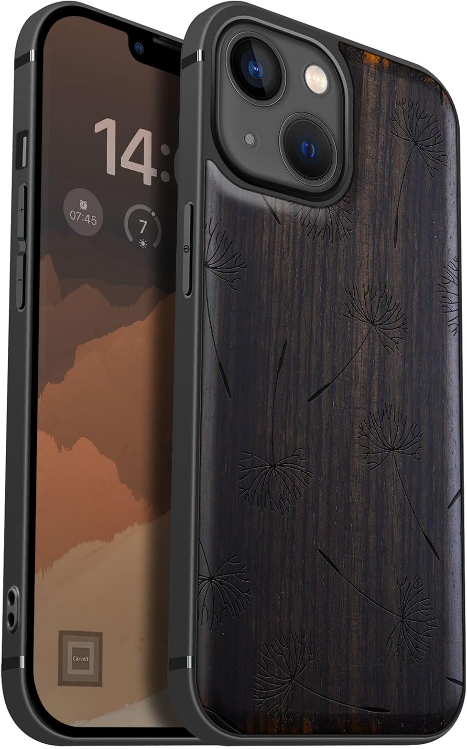 Carveit Magnetic Wood Case for iPhone 13 Mini Case [Hard Real Wood & Soft TPU] Unique & Classy Wooden Shockproof Hybrid Protective Cover Compatible with MagSafe (Dandelion Whispers -Blackwood)