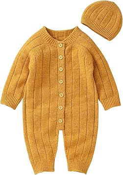 Generic Baby,Clothing,Baby Boys 0-24m,Bodysuits & One-Pieces,Rompers Infant Clothing  for Autumn Newborn Infant Boy Girl Solid Knitted Sweater Baby Jumpsuit Romper Cotton Caps Outfits Sets Clothes 0-18 Months (Yellow, 0-3 Months)