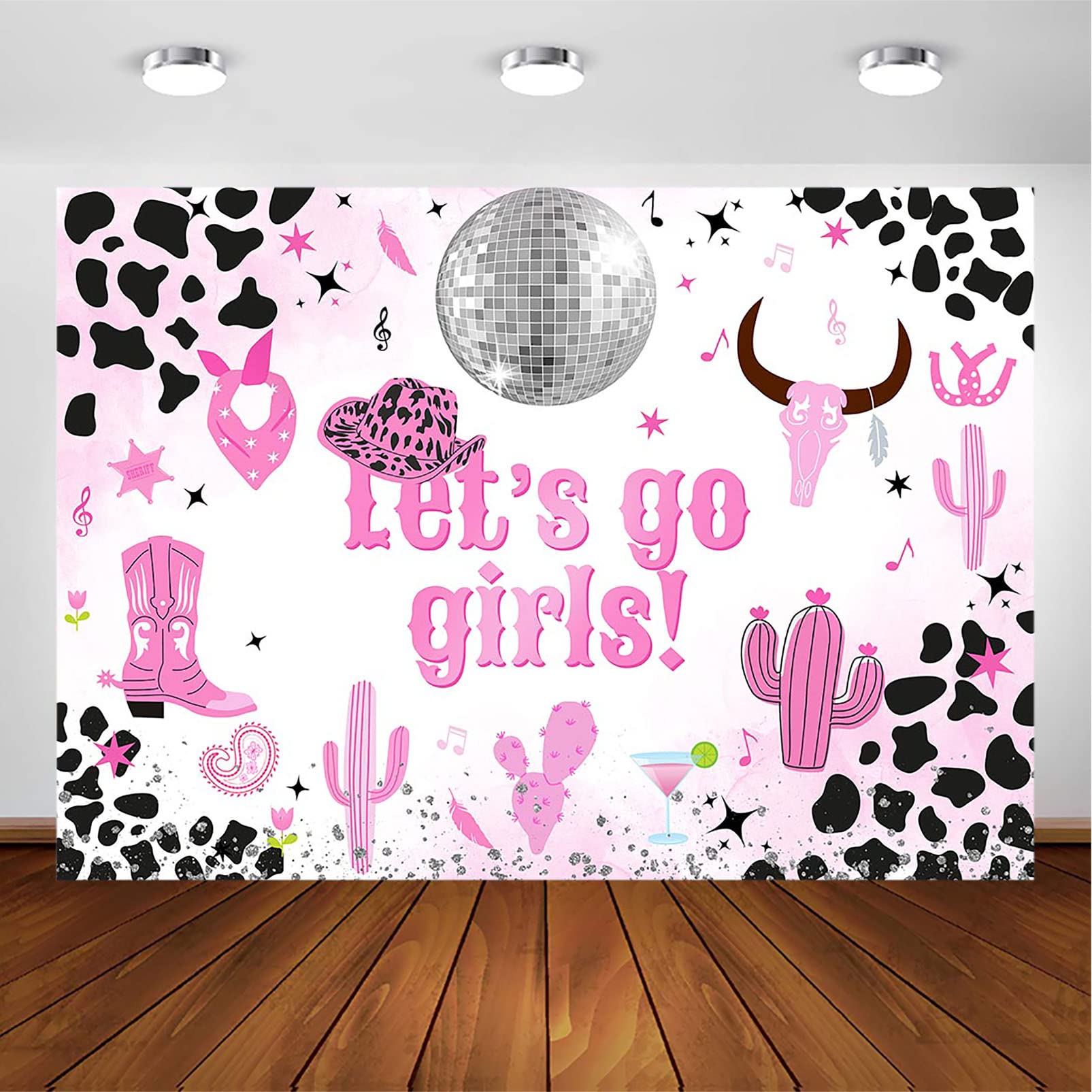 Avezano Let's Go Girls Backdrop Cowgirl Party Decorations Birthday Space Disco Cowgirl Bachelorette Party Decorations Photoshoot Background Dance Party Banner (7x5ft)
