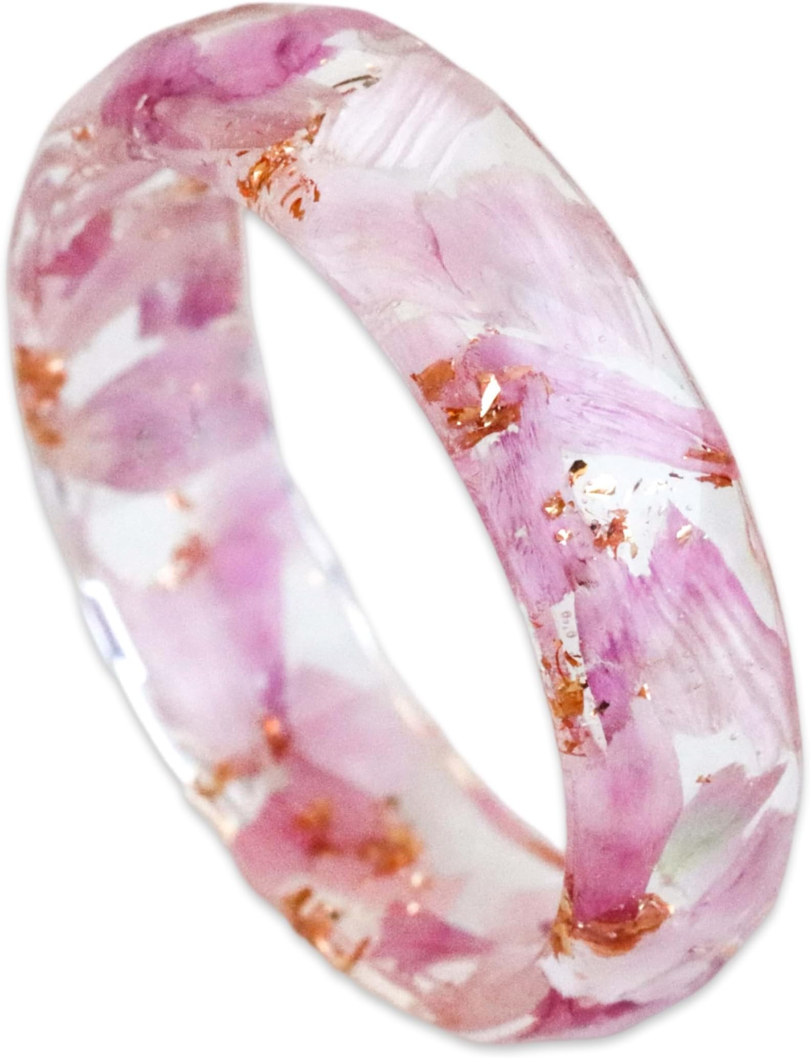 Faceted Resin Ring with Pink Strawflower Petals, Gold Silver or Copper Flakes, Floral Band