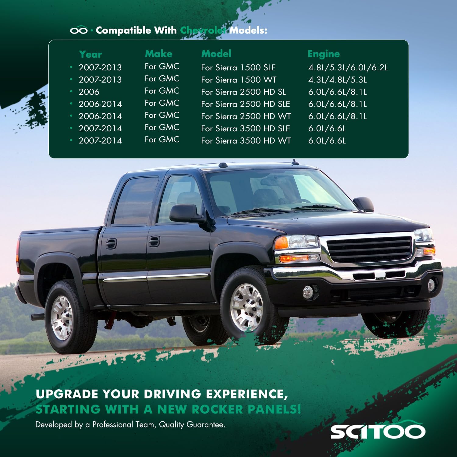 SCITOO Rocker Panels Compatible With 2007 2008 2009 2010 2011 2012 2013 2014 for Chevy Silverado for GMC Sierra Black Set Of Left & Right