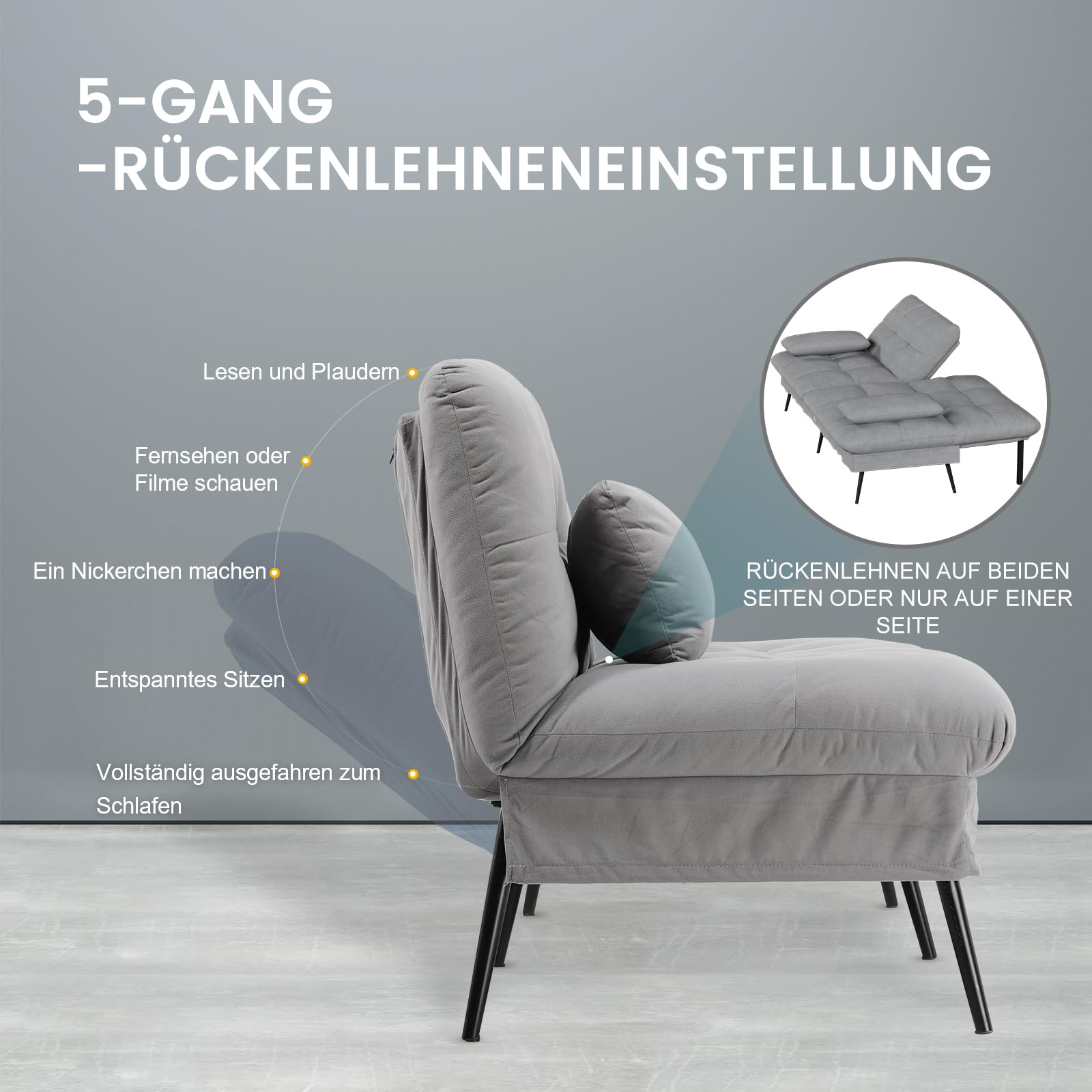 COMHOMA Schlafsofa mit Schlaffunktion – Futonbezug ausklappbar – Ecksofa – Gästesofa 3-Sitzer – mit Verstellbarer Rückenlehne aus grauem Stoff