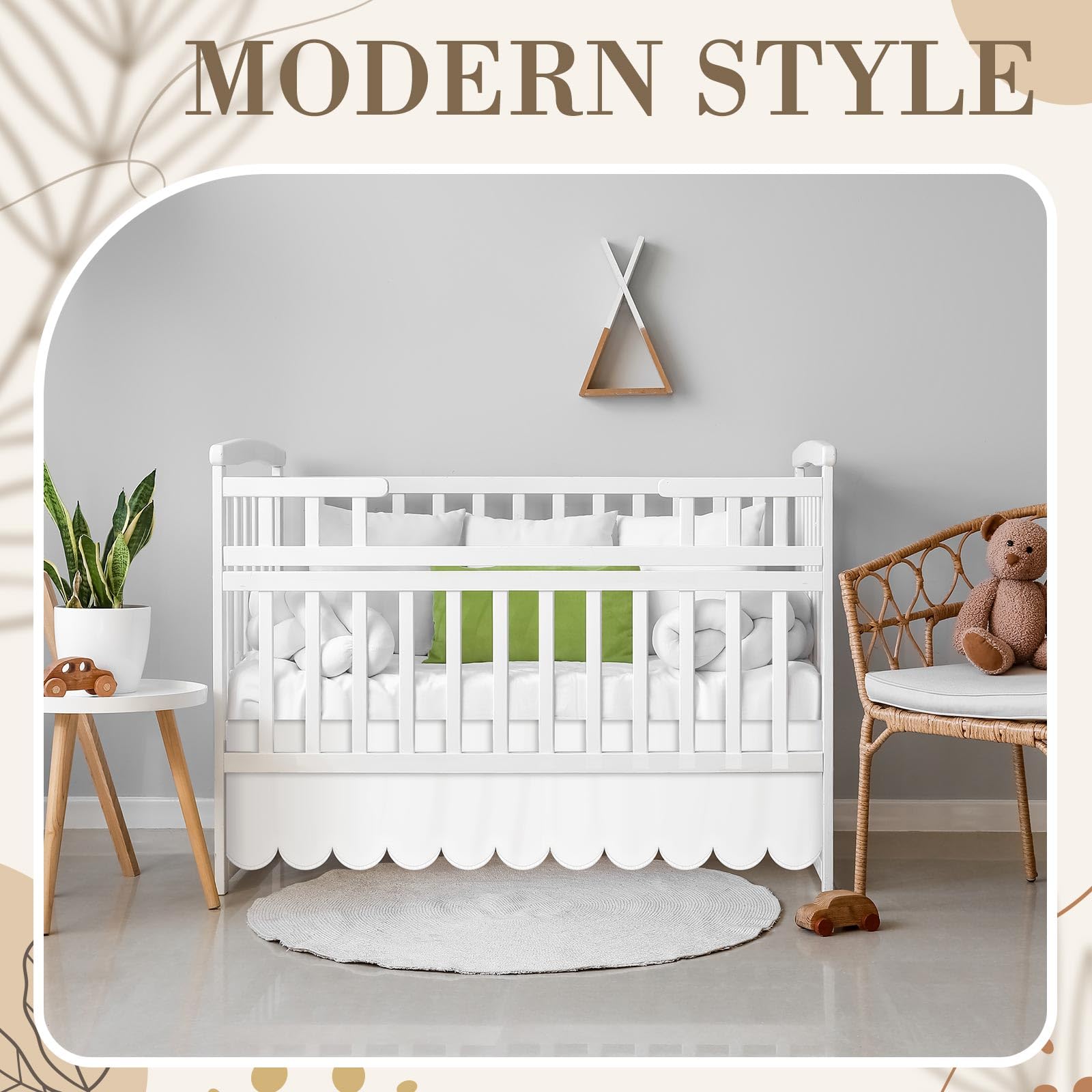 Hahafelt Weißer gewellter Kinderbett-Rock, 71,1 x 132,1 cm mit 35,6 cm Länge, plissiert, Staub-Rüschen, mit geteilten Ecken, für Babys, Jungen, Mädchen, weicher 4-seitiger Bettrock für Kinderzimmer