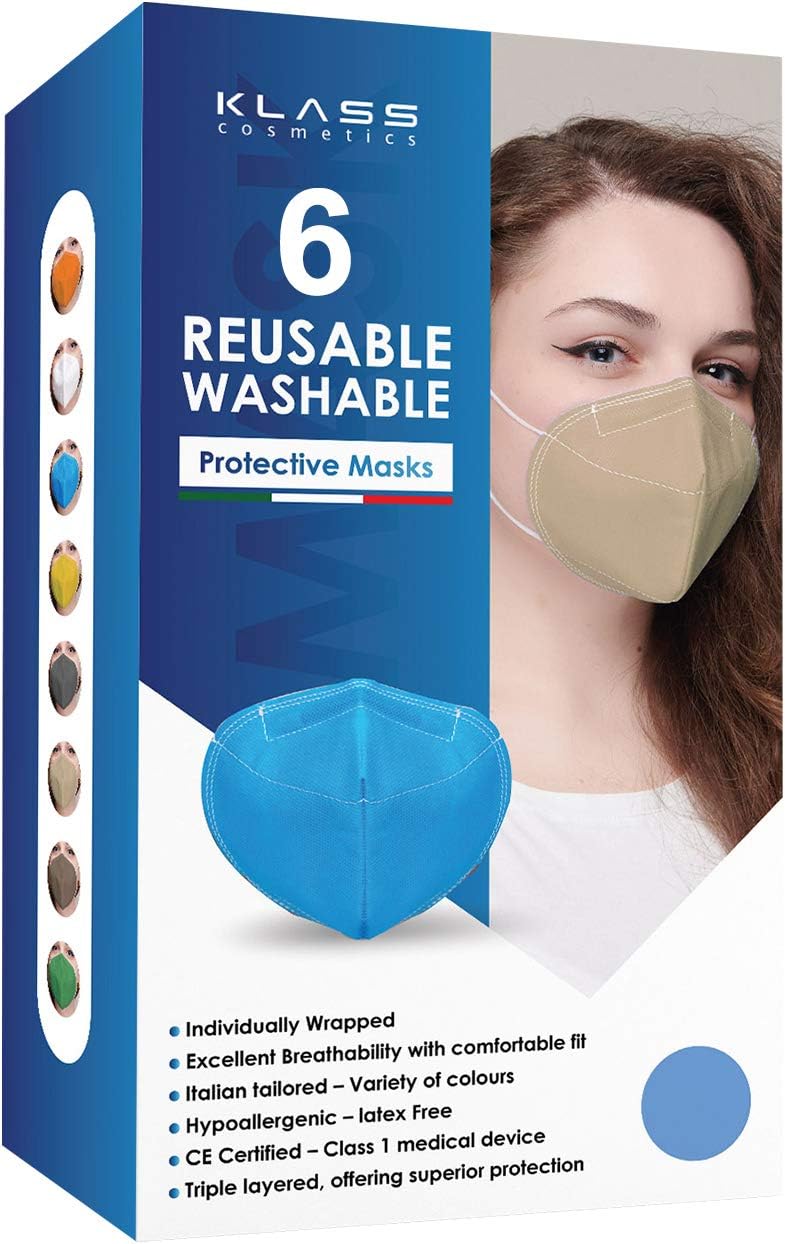 Klass Cosmetics Adult Reusable Washable Comfortable Protective Cloth Face Masks Comes with Squeezable Metal Nose Strip for Breathing and Earloop for Glasses Wearer, 6 Count, Multicolor