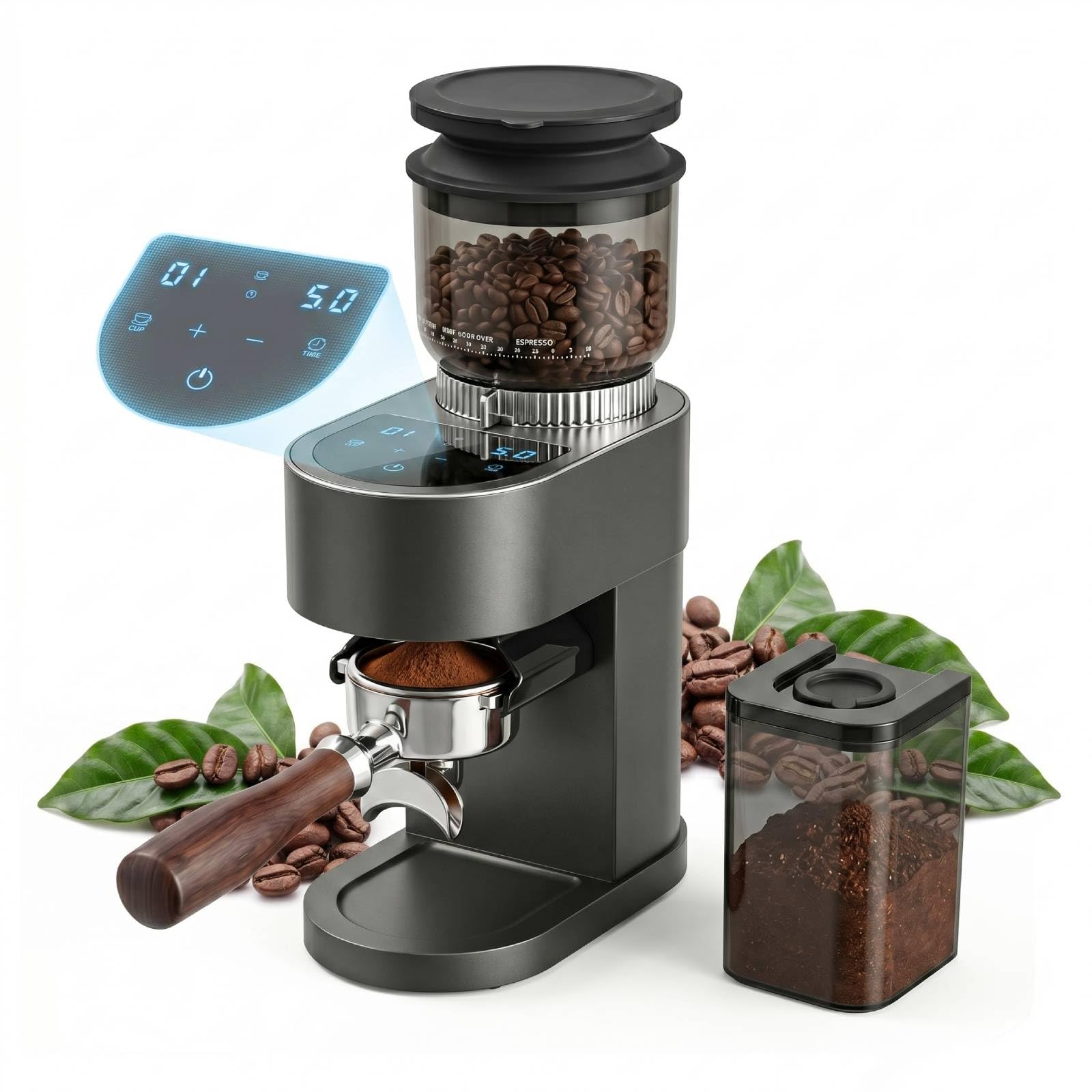 Bostar Molinillo de café eléctrico con panel táctil LED, 60 grados de molienda, recipiente para granos de 250 g, 1 – 12 tazas, 1-20 s, tiempo de molienda ajustable, silencioso, molinillo profesional