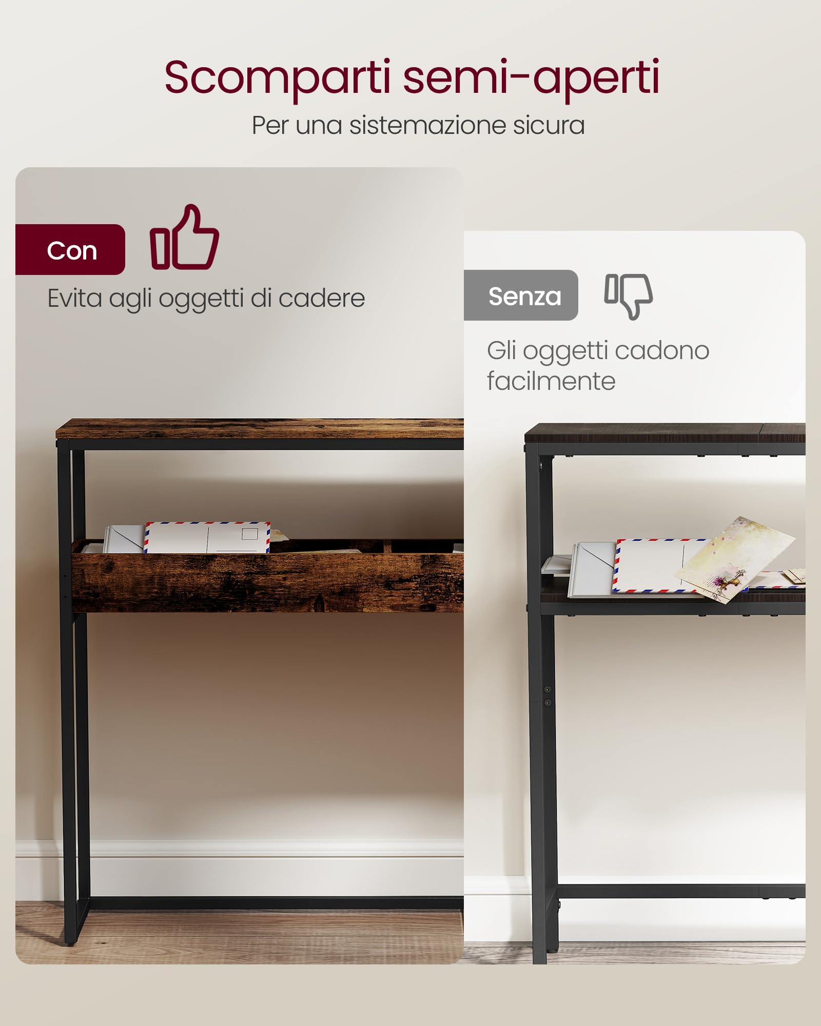 VASAGLE Tavolo da Console a 2 Livelli, Tavolo da Ingresso Stretto, con Scomparti Semi-Aperti, 24 x 100 x 80 cm, per Ingresso, Soggiorno, Marrone Vintage e Nero Inchiostro LNT091K01 | Consolle a 2 ripiani con scomparti semiaperti, marrone rustico e nero in