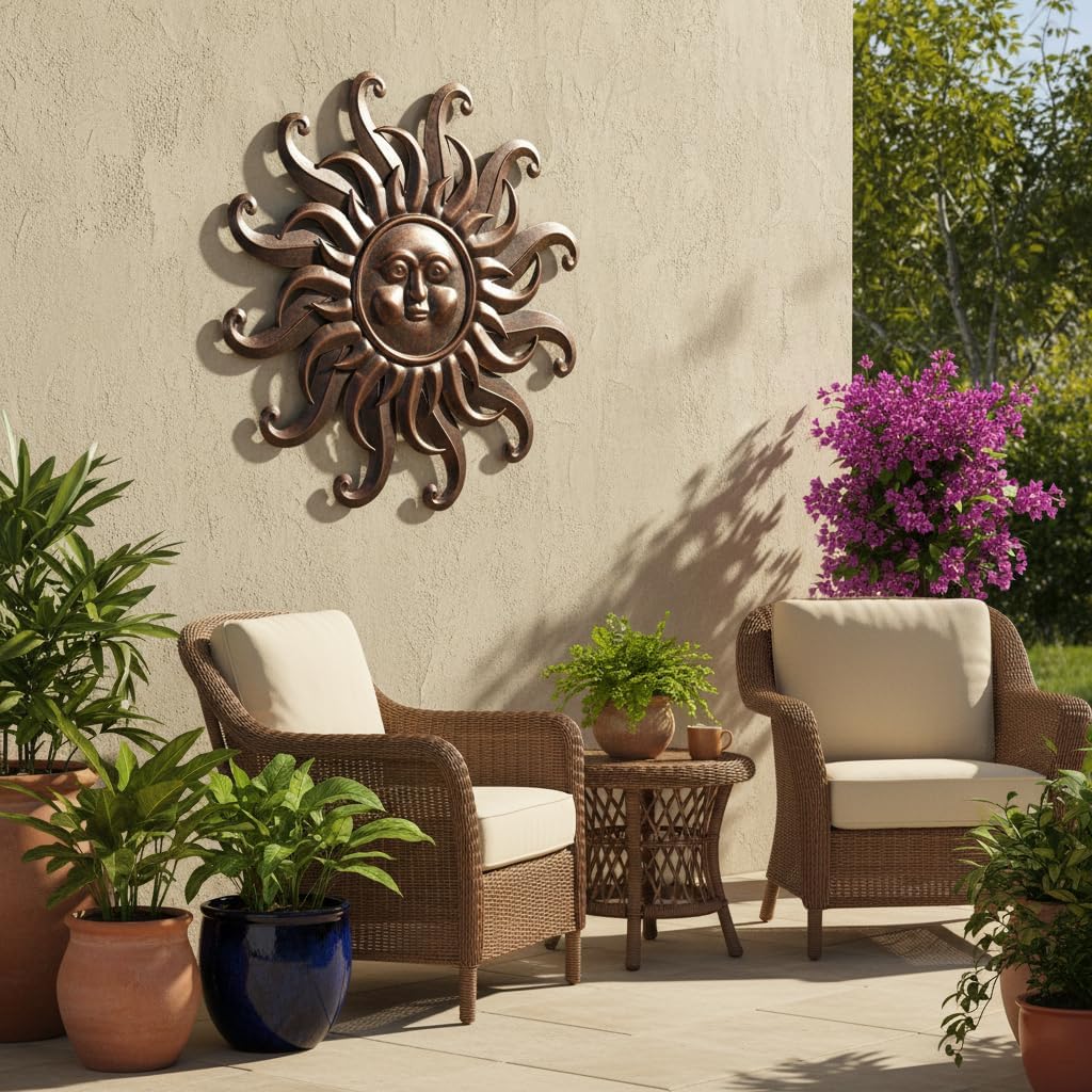Comfy Hour 25" Bronze Metal Sun Face Wall Art, Antique Vintage Celestial Figurine Style Home Decor, Large Outdoor Garden Sculpture, Patio 3D Decor, Farmhouse Rustic,