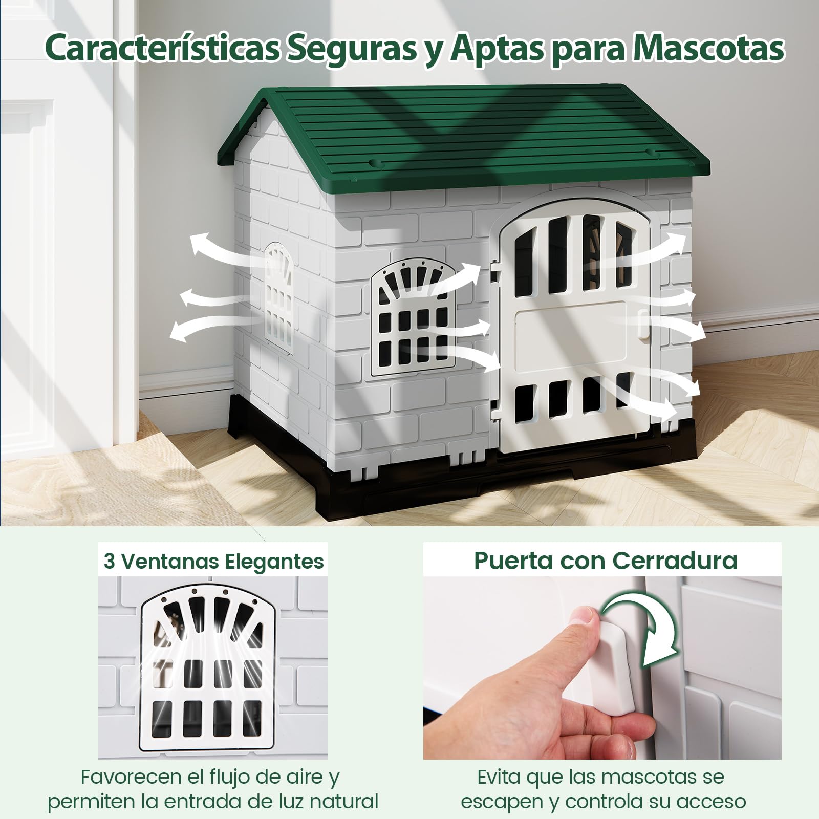 Casa para Perros Plegable de Plástico, Refugio para Mascotas Resistente a la Intemperie con Bandeja de Inodoro, Puerta con Cerradura, Techo Inclinado, Jaula de Interior Exterior para Gatos