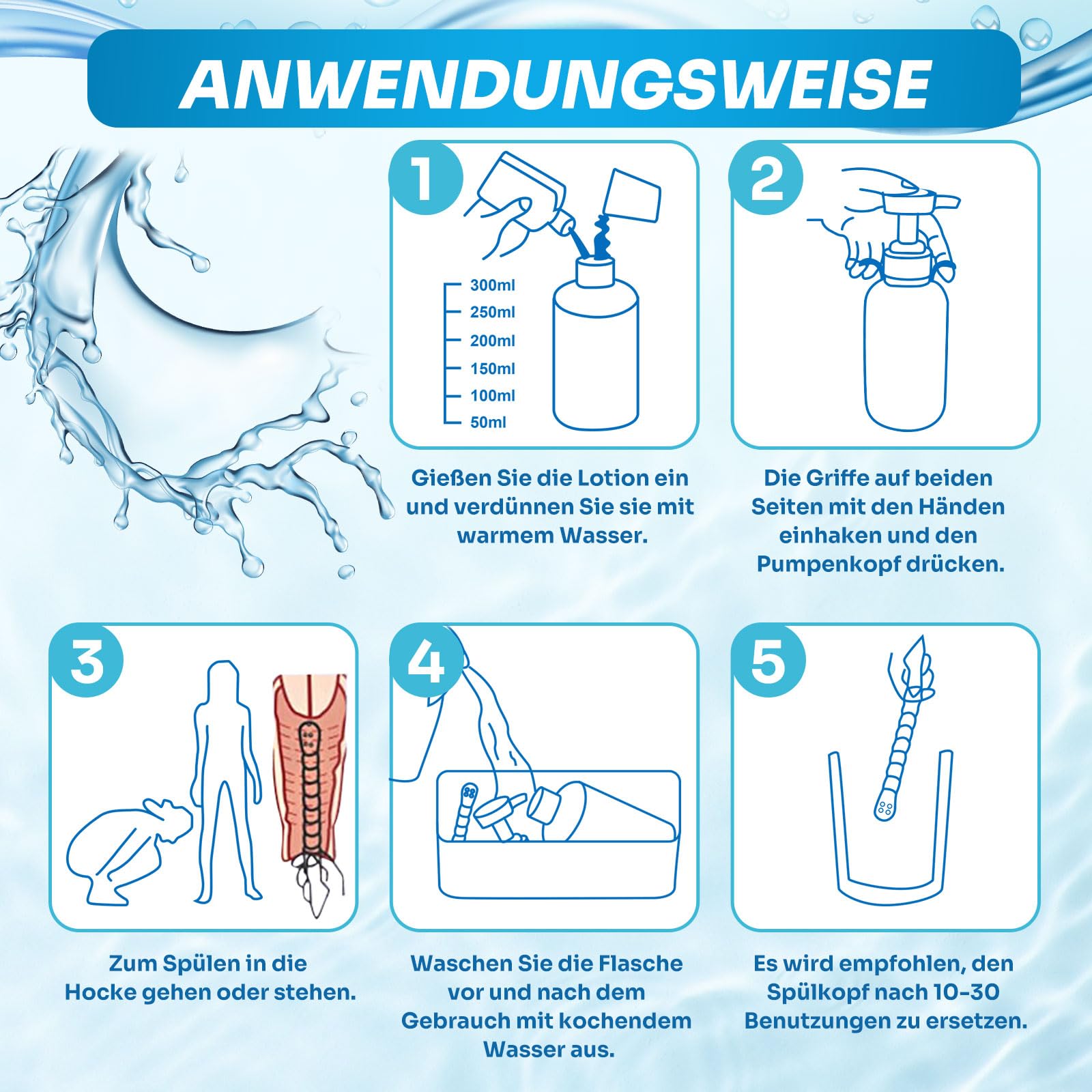 Sistema di pulizia vaginale riutilizzabile, doccia vaginale da 300 ml per le donne, doccia anale per gli uomini con pressione manuale, set di clistere per clistere intestinale siringa per clistere con