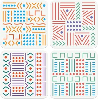 4Pcs Dot Line Stencils for Painting, 7.8"x 7.8" Reusable Splicing African Boho Stencil Drawing Templates, DIY Craft Paint Templates for Wall Home Decor Wood Burning Canvas Journal Card