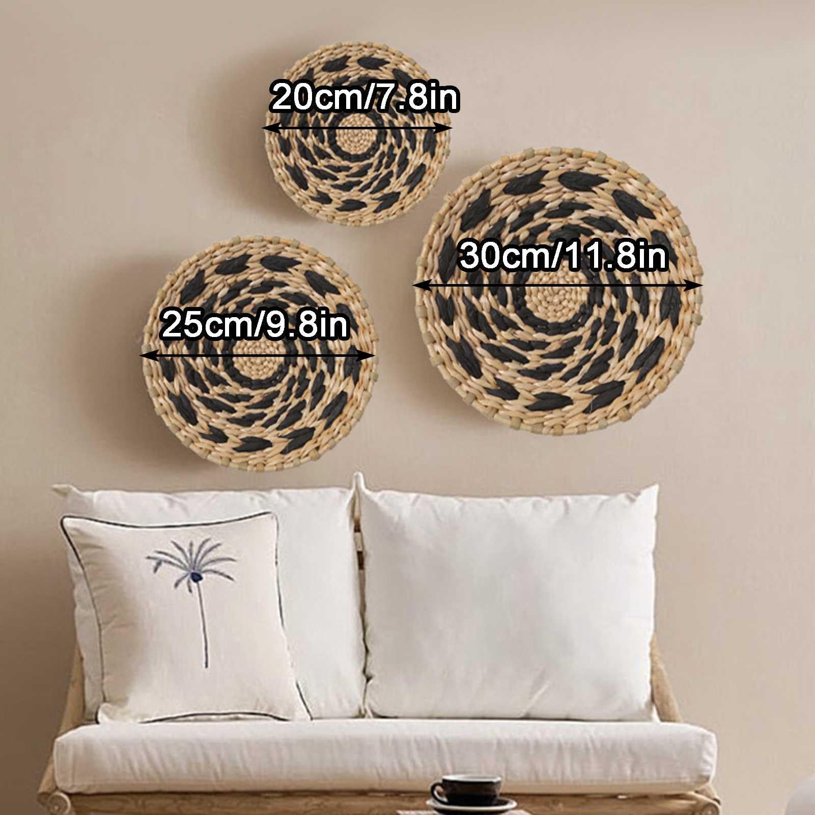 Decoración de ratán, Juego de 3 cestas Colgantes de Pared Bohemias, Hechas a Mano, de ratán y Mimbre, Redondas y Tejidas, Estilo costero.