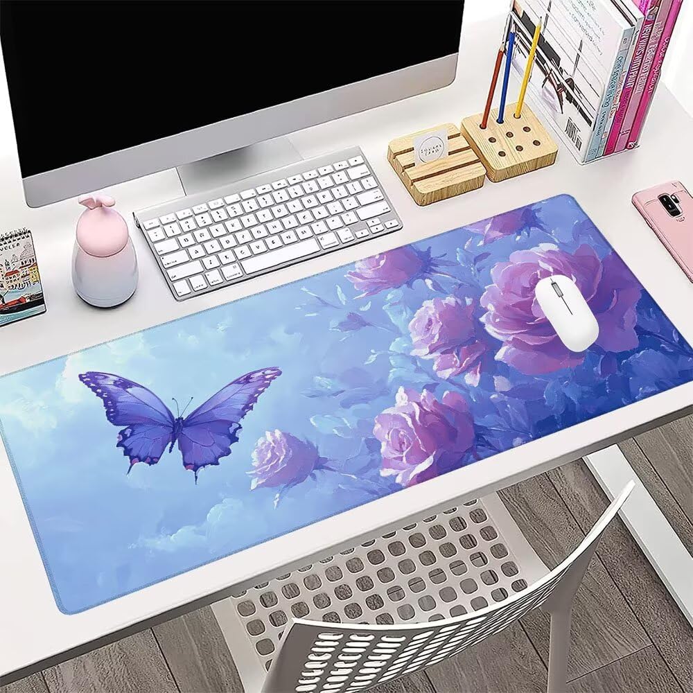 Alfombrilla de Mouse para Juegos, Blu, XXL, Antideslizante, Impermeable, Diseño de Farfalla, Extendido, Grande, 1200x600x3mm, para PC, Laptop, Ufficio, Famiglia d-769