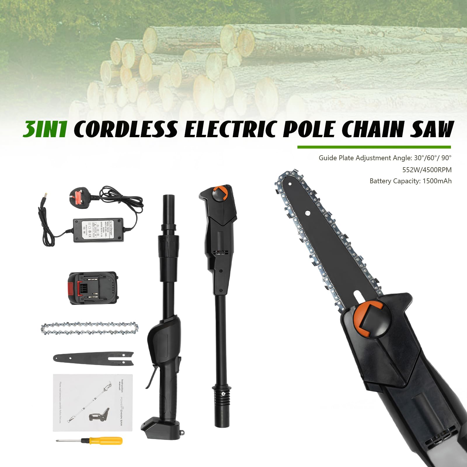 Batería podadora de hasta 1,25 m, 552 W, motor sin escobillas, 4500 rpm, 1200 m/min, sierra de podar profesional con batería de litio de 1500 mAh para cortar y podar ramas