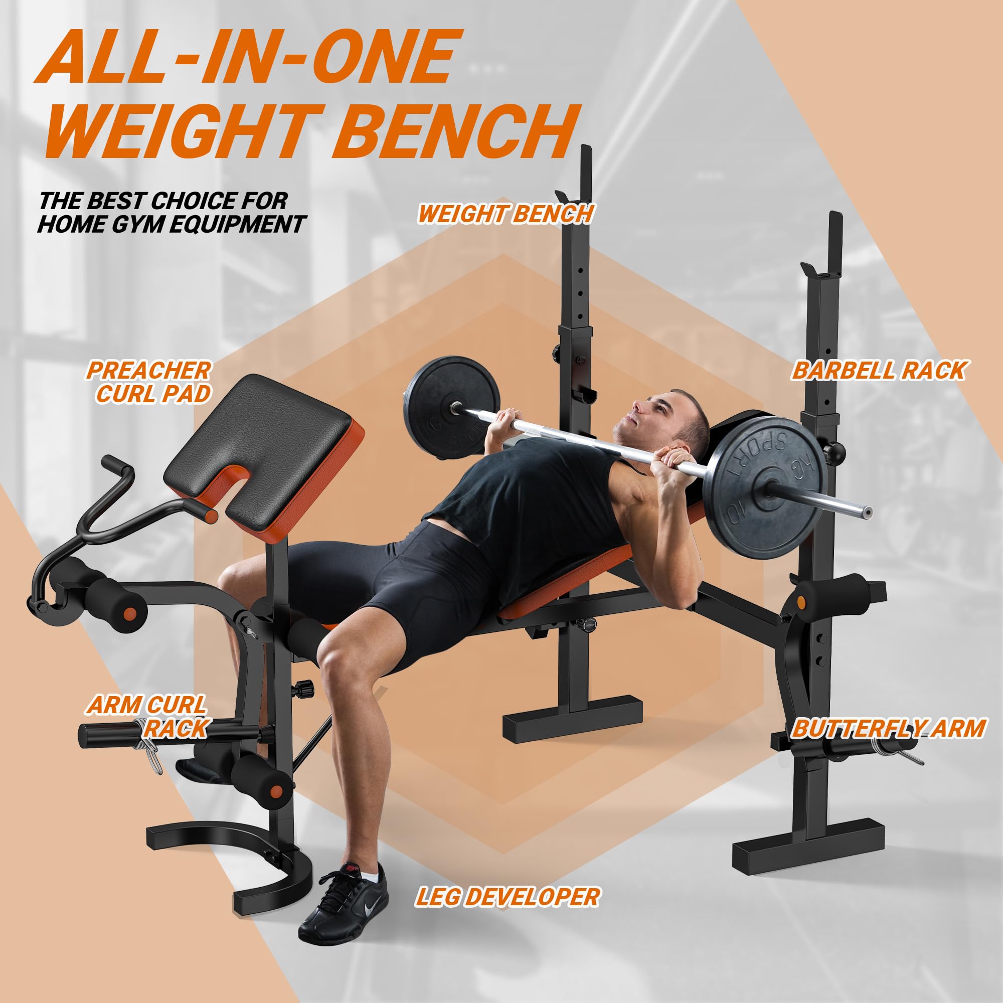 Weight Bench, 770LBS Bench Press Set with Leg Extension, 6 in 1 Olympic Weight Bench for Home Gym, Adjustable Workout Bench with Rack & Preacher Pad, Flat Incline Bench for Weight Lifting